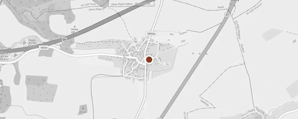 Mapa okolí Šlovic u Dobřan s vyznačenou dílnou – otevře Mapy.cz